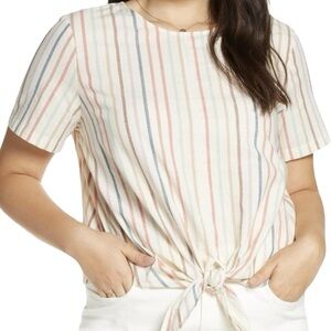 NWT MADEWELL Speckle Striped Short Sleeve Tie-Front Button Back Top Size Medium